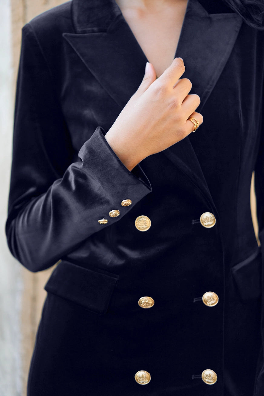 Luxury Velvet Double Breasted Navy Dress Jacket Gold Buttons