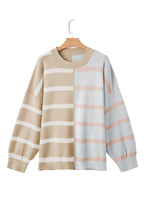 Striped Patchwork Drop Shoulder Khaki Sweater