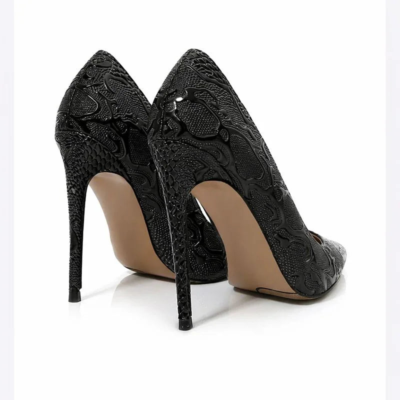 Embossed Snake Ultra High Heels Black Pumps