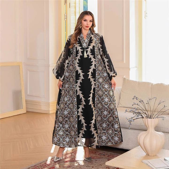 Elegant Muslim Embroidered Robe Dress - Loose Fit, V-Neck, Bishop Sleeves