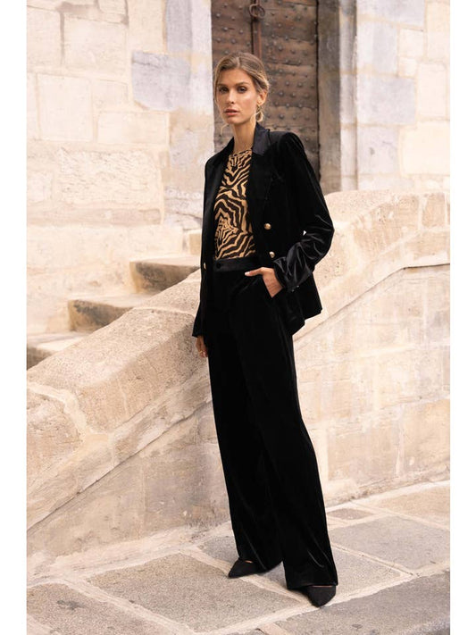 Elegant High-Waisted Straight-Cut Velvet Trousers with Side Pockets, Button Closure