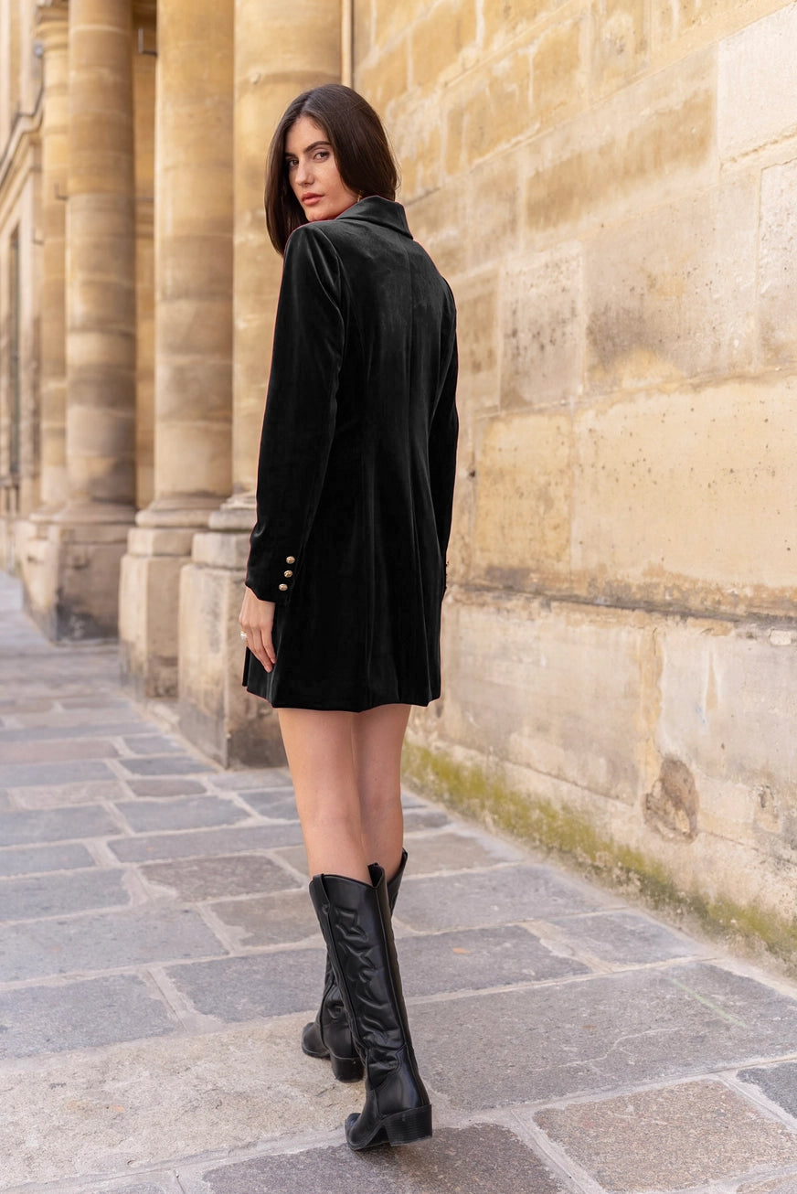 Luxury Velvet Double Breasted Black Dress Jacket Gold Buttons