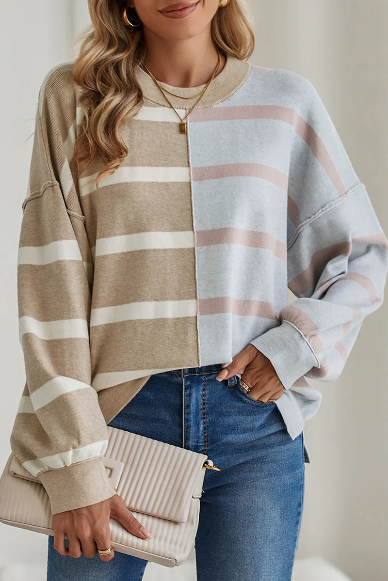 Striped Patchwork Drop Shoulder Khaki Sweater