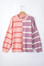 Striped Patchwork Drop Shoulder Pink Sweater