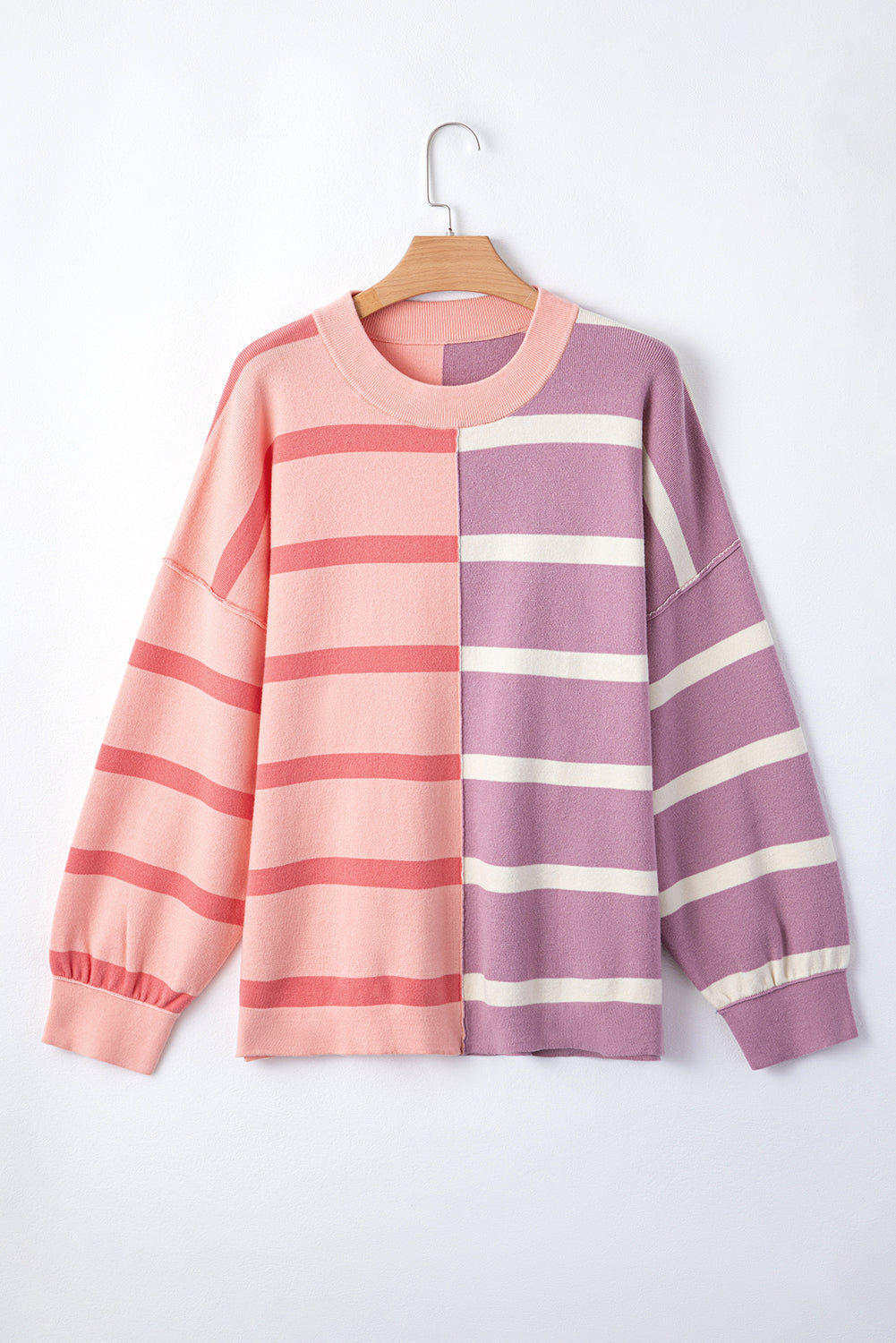 Striped Patchwork Drop Shoulder Pink Sweater