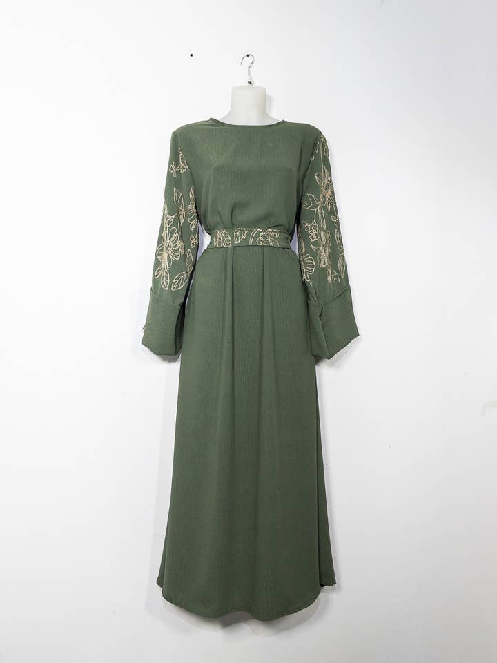 Elegant Floral Embroidered Abaya Dress with Matching Belt and Cream Lining