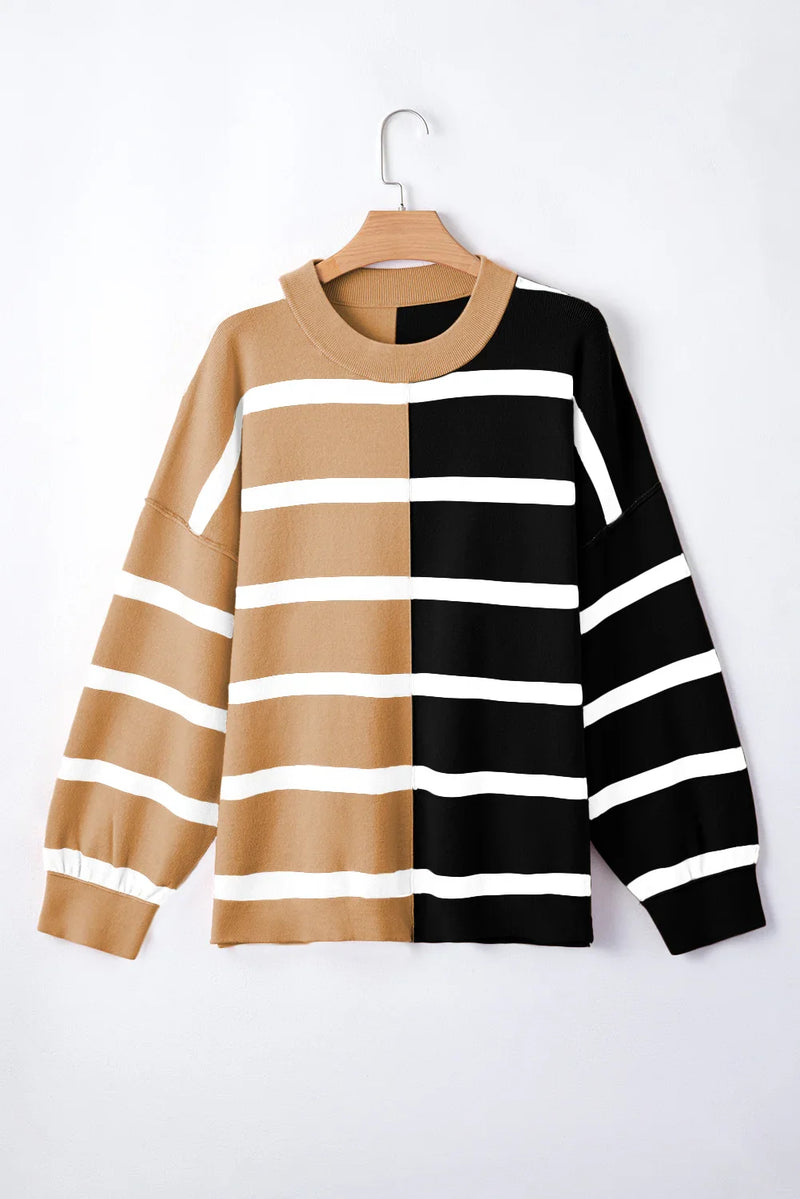 Striped Patchwork Drop Shoulder French Beige Sweater