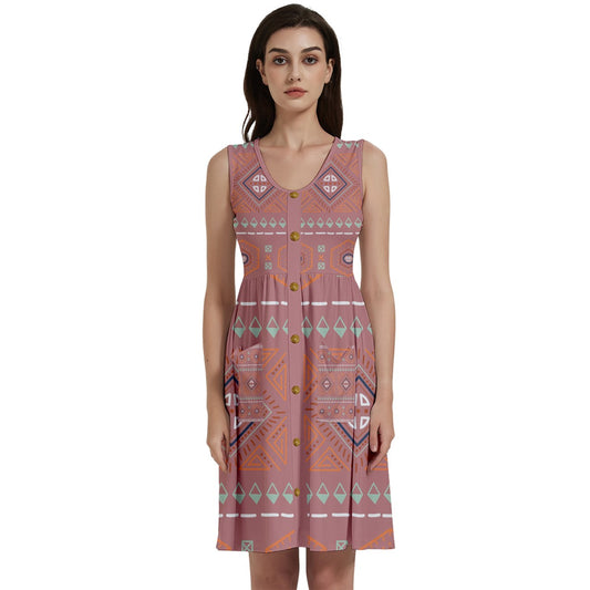 Gold buttons Sleeveless Old Rose Dress With Pocket