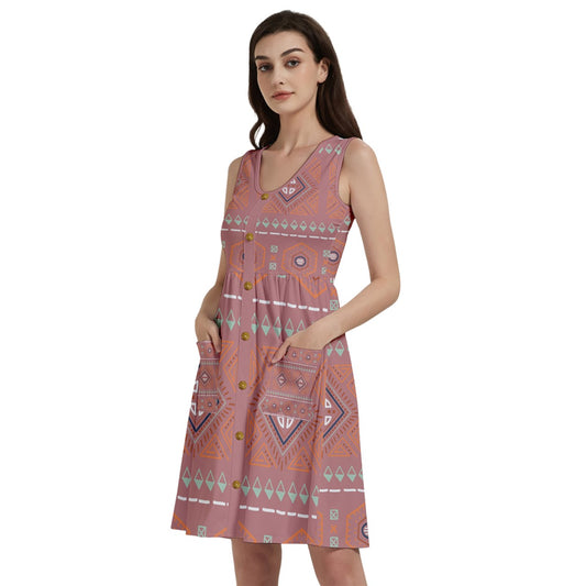 Gold buttons Sleeveless Old Rose Dress With Pocket