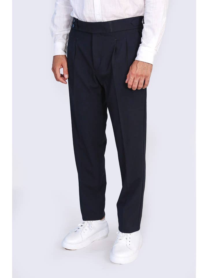 Men's Navy Double-Pleated High-Waisted Slim Fit Trousers with Adjustable Side Buckles