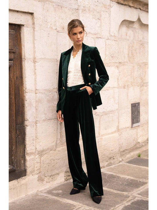 Elegant High-Waisted Straight-Cut Velvet Trousers with Side Pockets, Button Closure