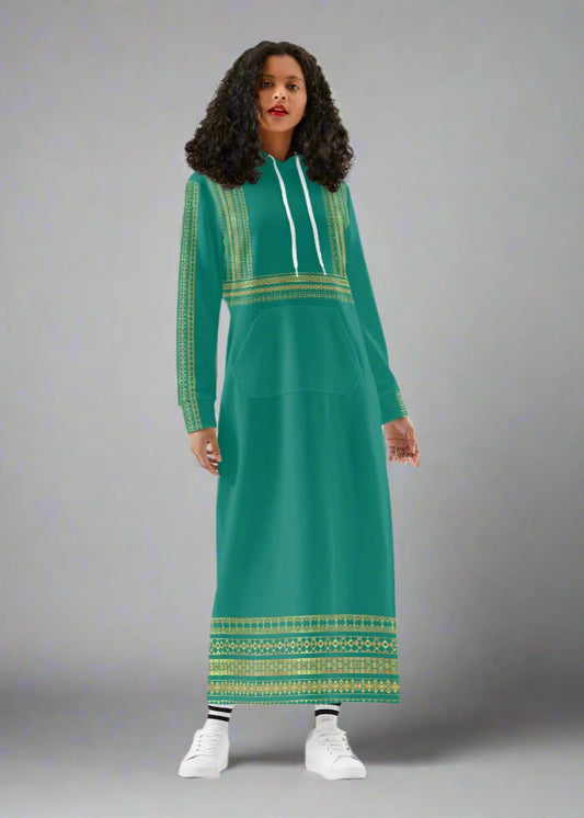 Velvet Casual Green Cyan Turquoise Long Hoodie Dress