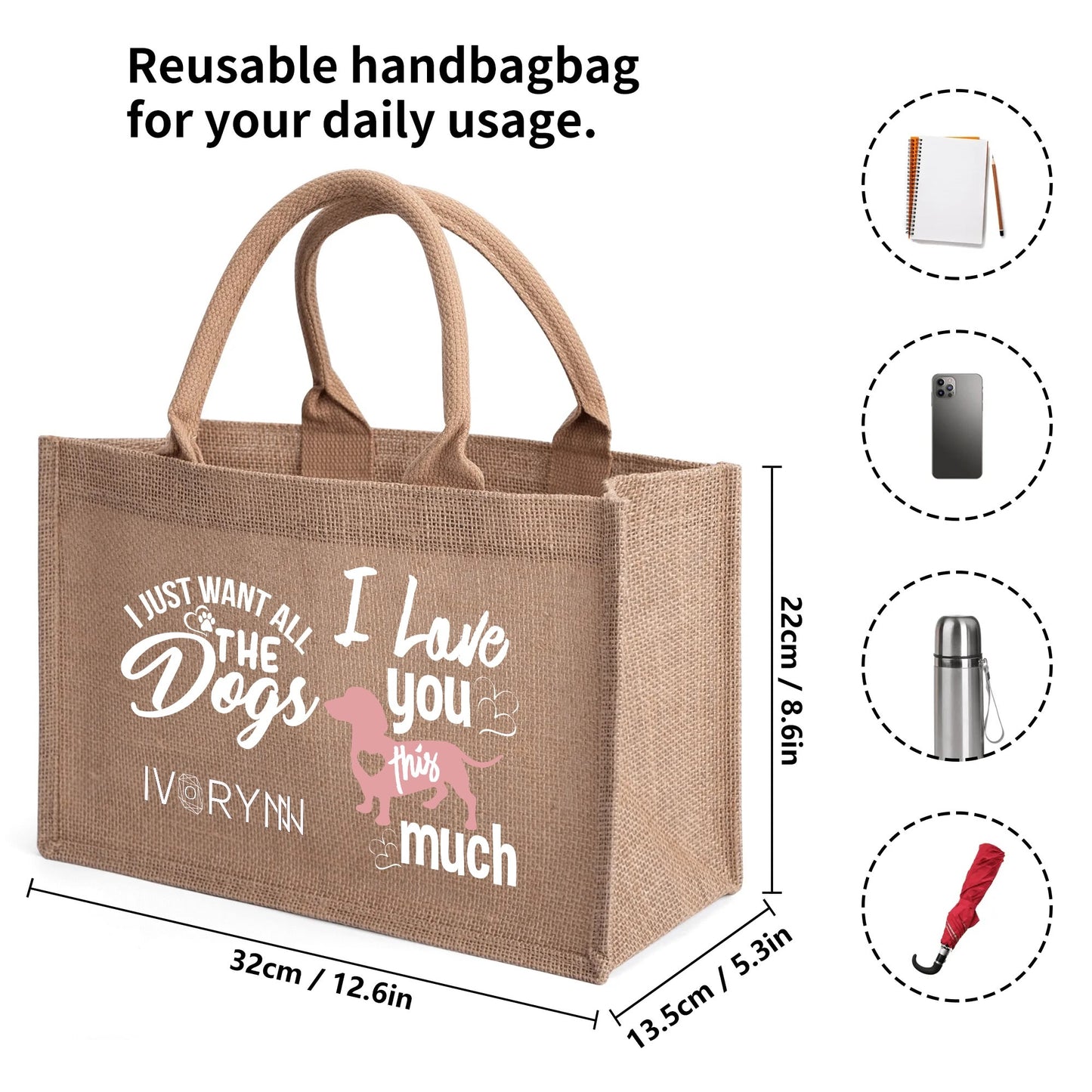 I Love You Dogs Reusable Jute Burlap Tote Bags