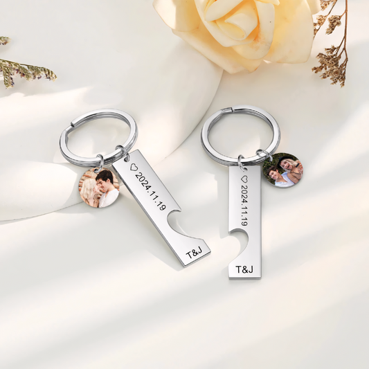 Custom Photo & Text Couple Stainless Steel Keychains