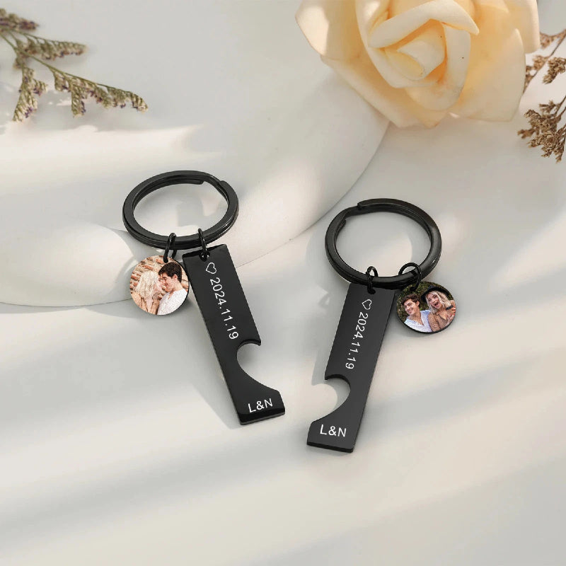 Custom Photo & Text Couple Stainless Steel Keychains