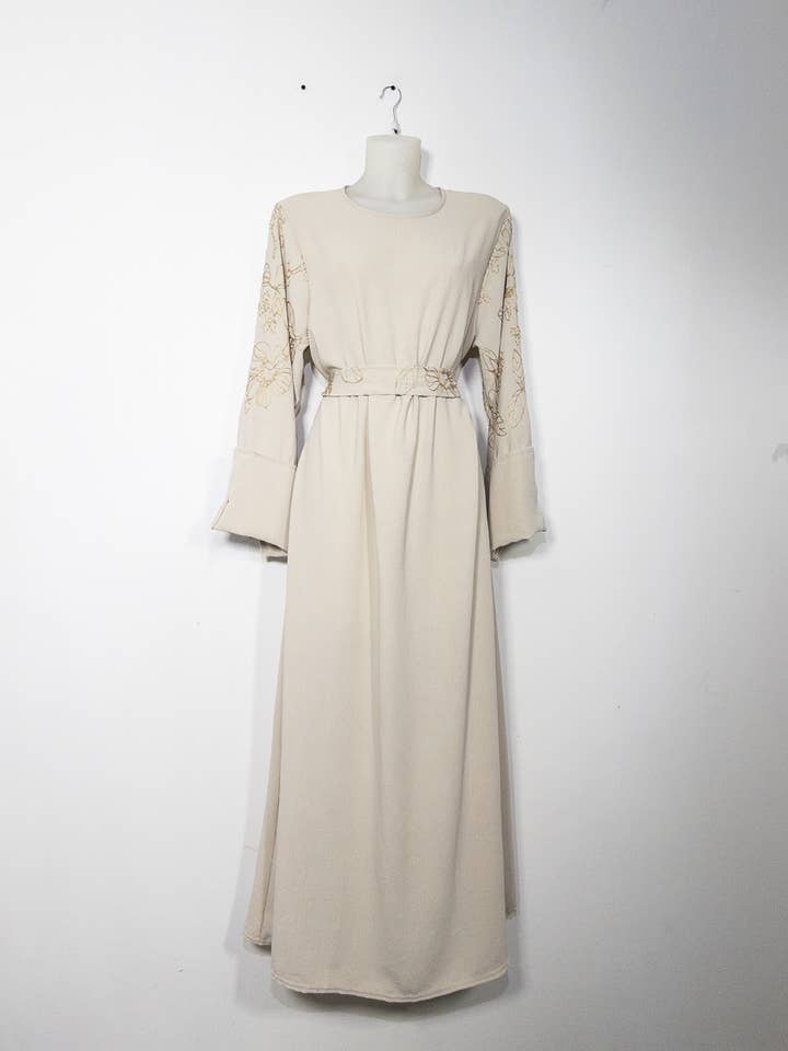 Elegant Floral Embroidered Abaya Dress with Matching Belt and Cream Lining