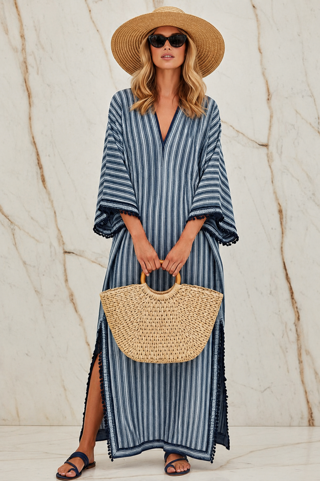 V-Neck Half-Sleeve Steel Blue Long Dress
