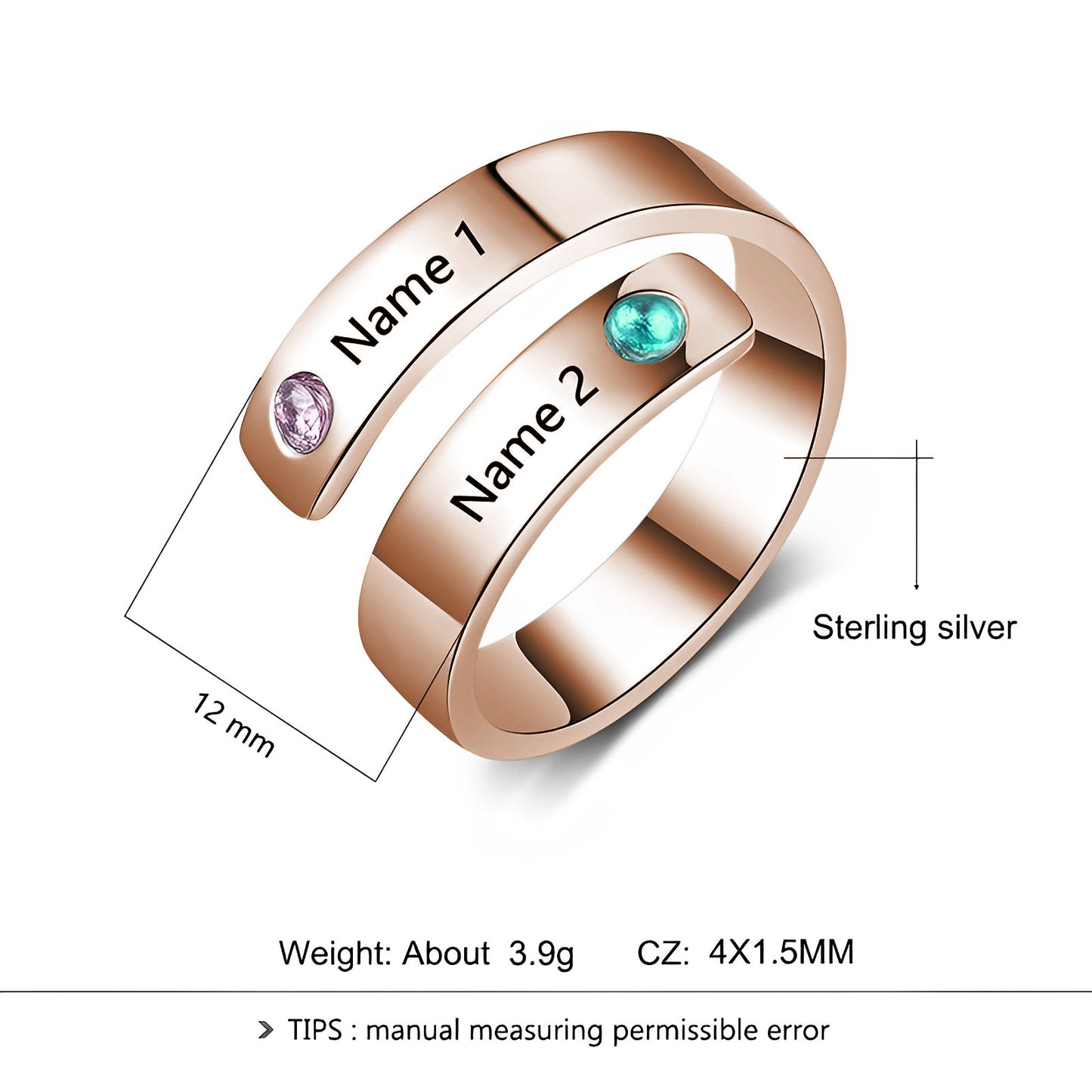 Rose Gold Custom Name 925 Silver Rhinestone Ring