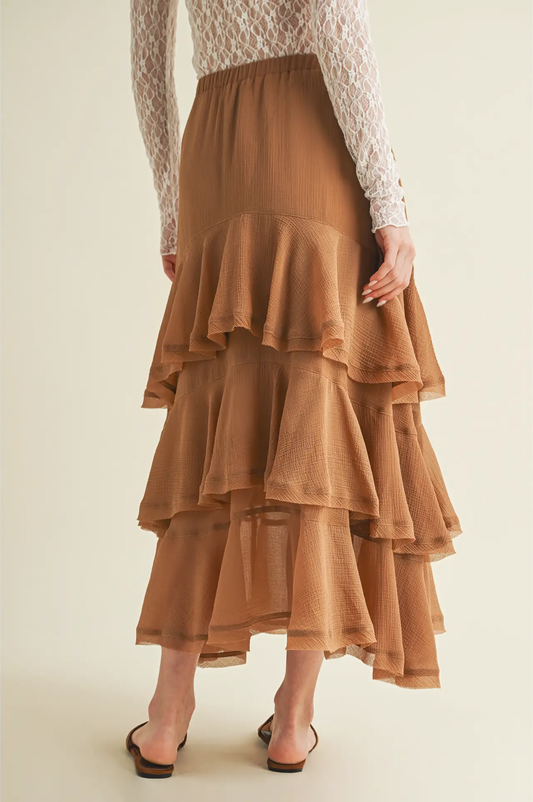 Pull On Ruffle Tiered Brown Skirt