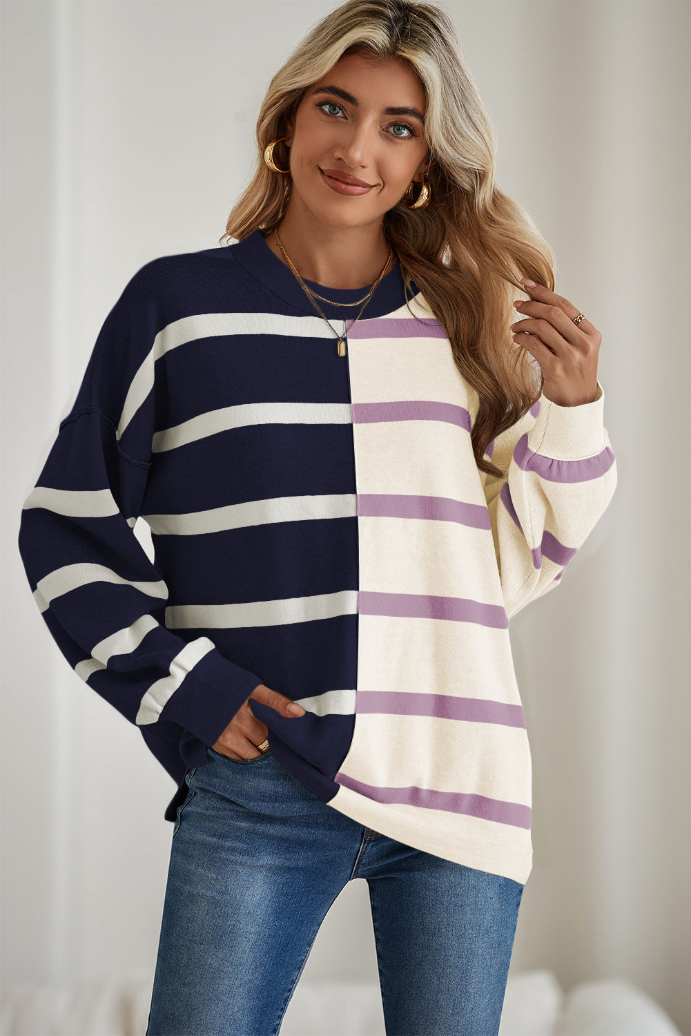 Striped Patchwork Drop Shoulder Blue Sweater