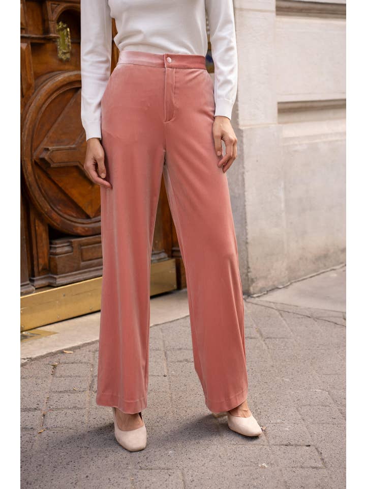 Elegant High-Waisted Straight-Cut Velvet Trousers with Side Pockets, Button Closure