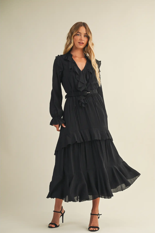 Luxury Belted Ruffled Long Black Dress