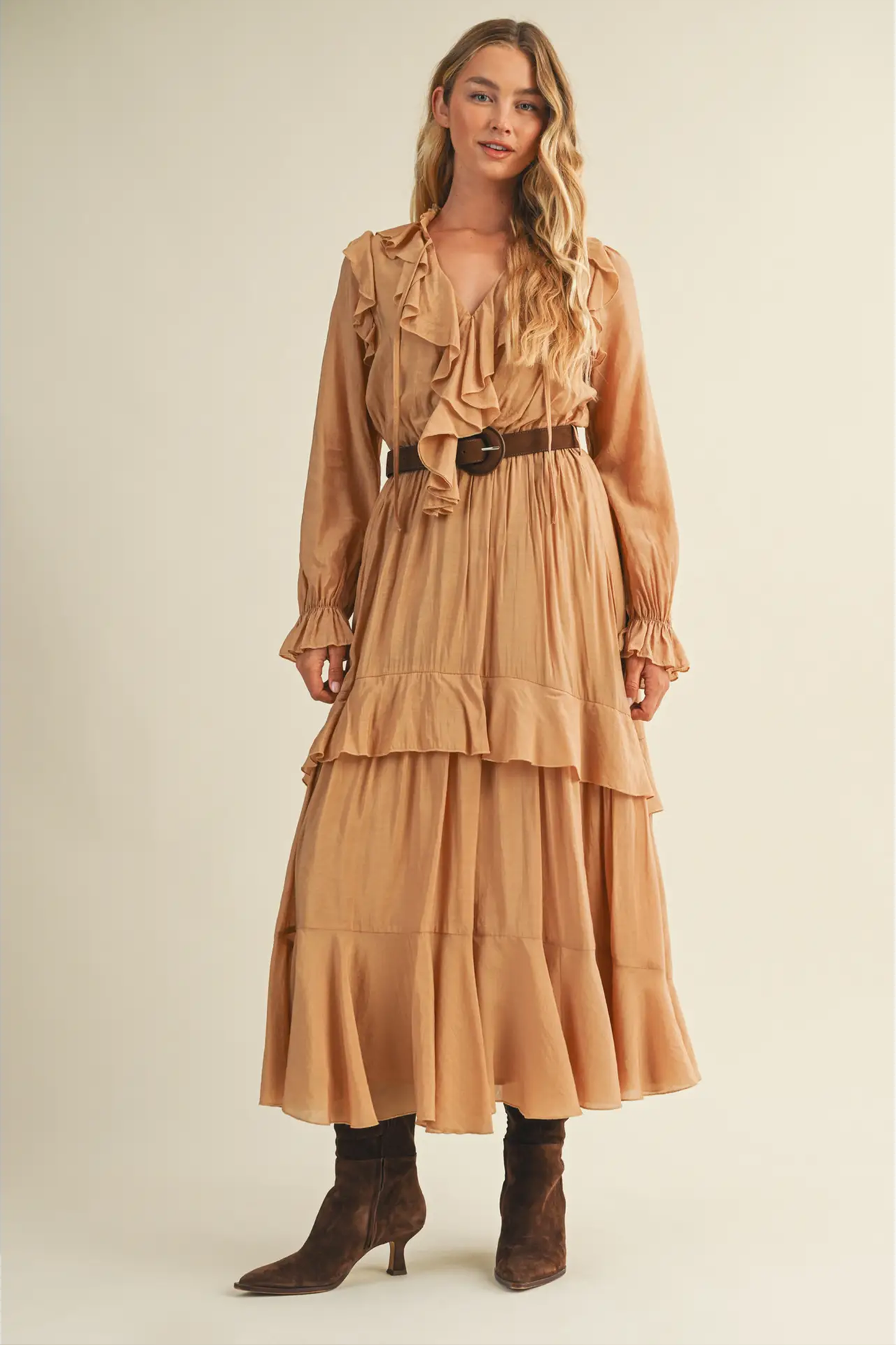 Luxury Belted Ruffled Long Desert Dress