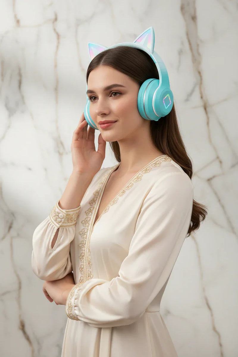 امرأة ترتدي السماعة الفيروزية - لقطة 1