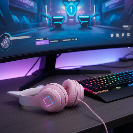 السماعة الوردية ممددة على مكتب الألعاب - لقطة 1