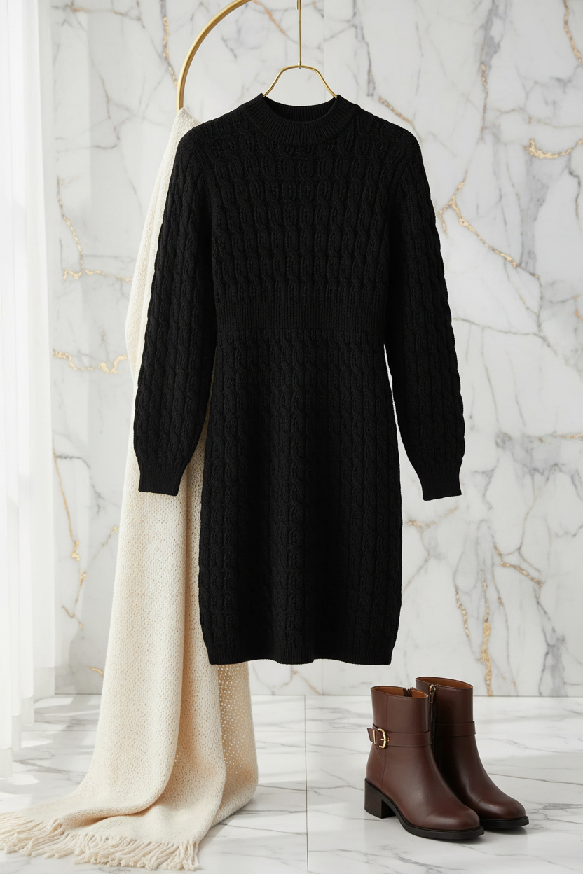 Cable-Knit Openwork Black Sweater Dress