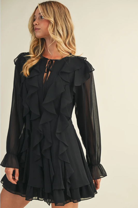 Tie Front Ruffled Black Short Dress
