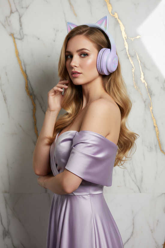 امرأة ترتدي السماعة البنفسجية - لقطة 1