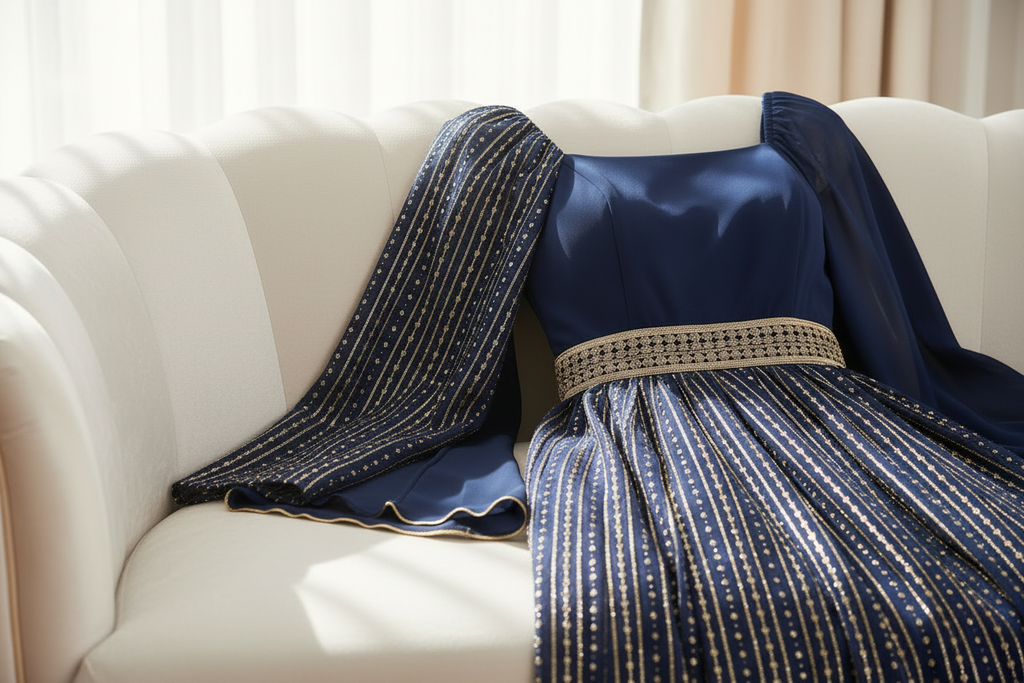 صورة 1 - لقطة قريبة شاملة للفستان على الكنبة