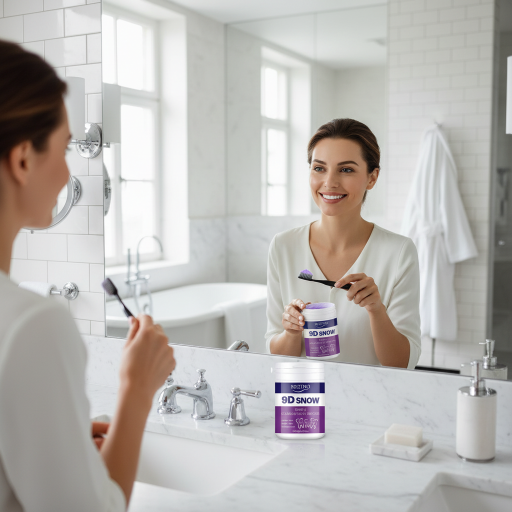 امرأة تستخدم مبيض الأسنان 1