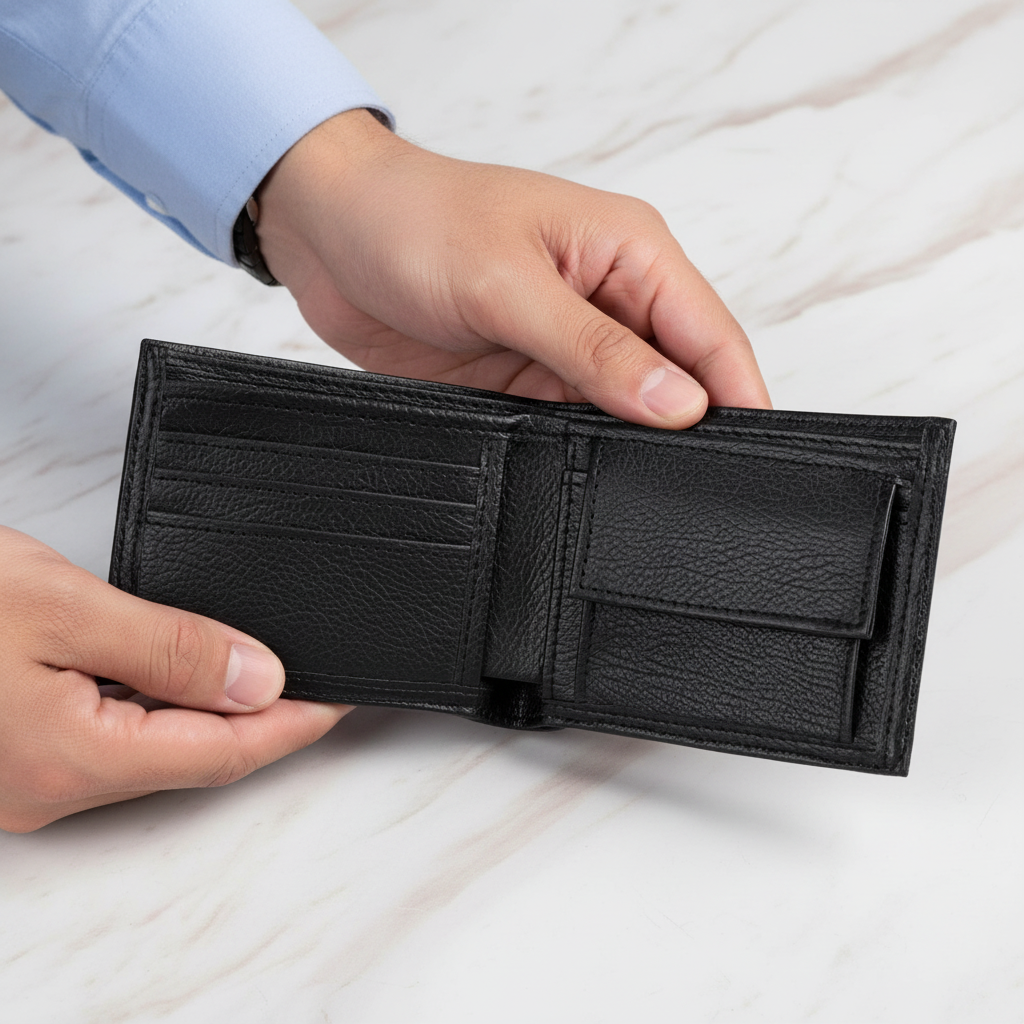 صورة 1 - يدا رجل تُمسك المحفظة مفتوحة بالكامل