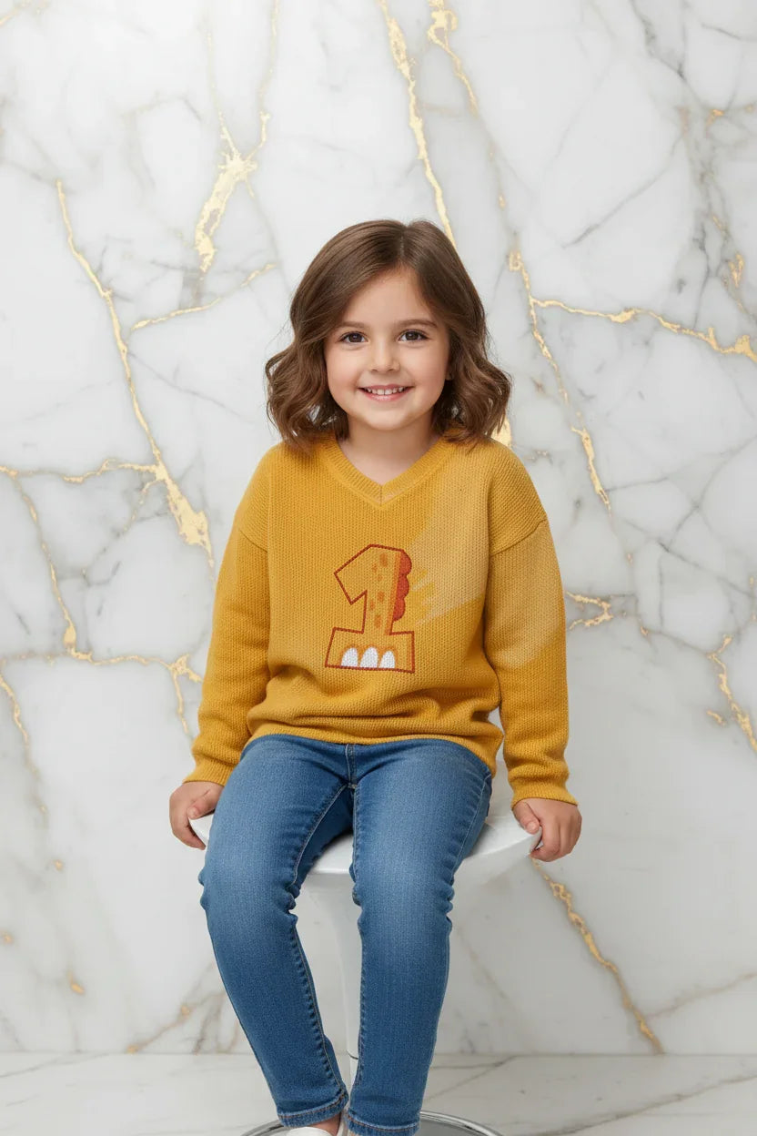 طفلة صغيرة جالسة ترتدي السويتر برقم 1