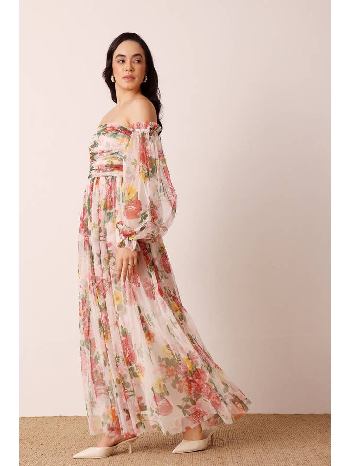 Lace & Beads Lana Cream Floral Maxi Dress - Elegant Tulle Sleeve Wrap Gown