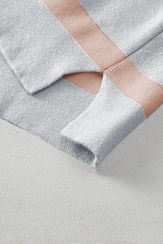 Striped Patchwork Drop Shoulder Khaki Sweater