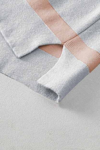 Striped Patchwork Drop Shoulder Khaki Sweater