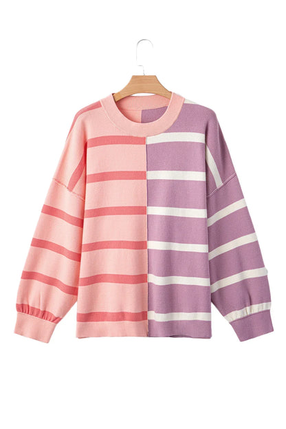 Striped Patchwork Drop Shoulder Pink Sweater