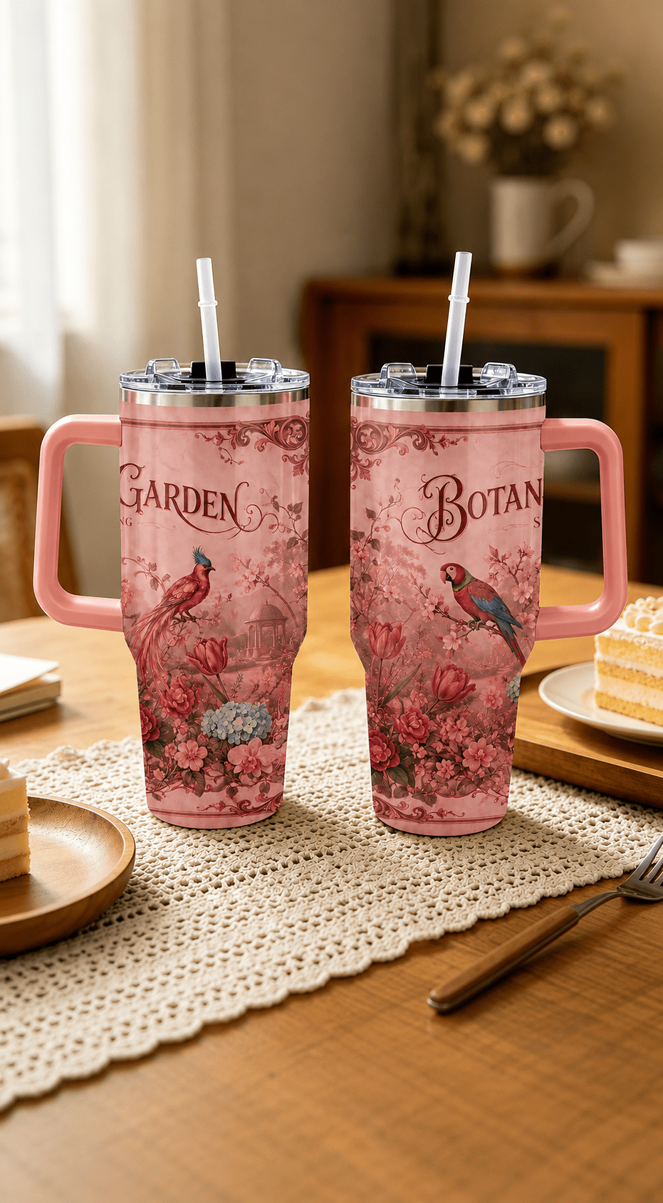 Larg Stainless Steel Tumbler With Light Pink Handle