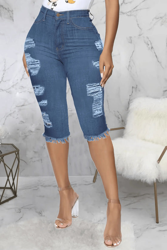 2 PCS Ripped High Waist Stretchy Knee Length Denim - IVORYNN