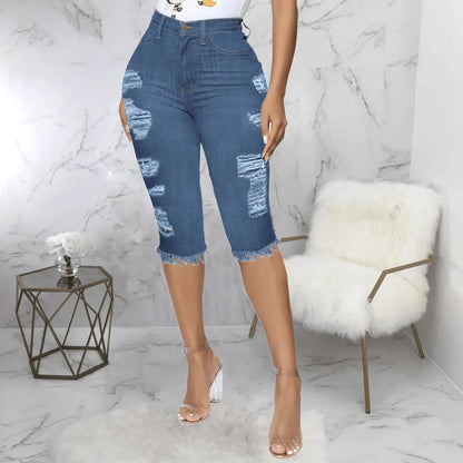 2 PCS Ripped High Waist Stretchy Knee Length Denim - IVORYNN