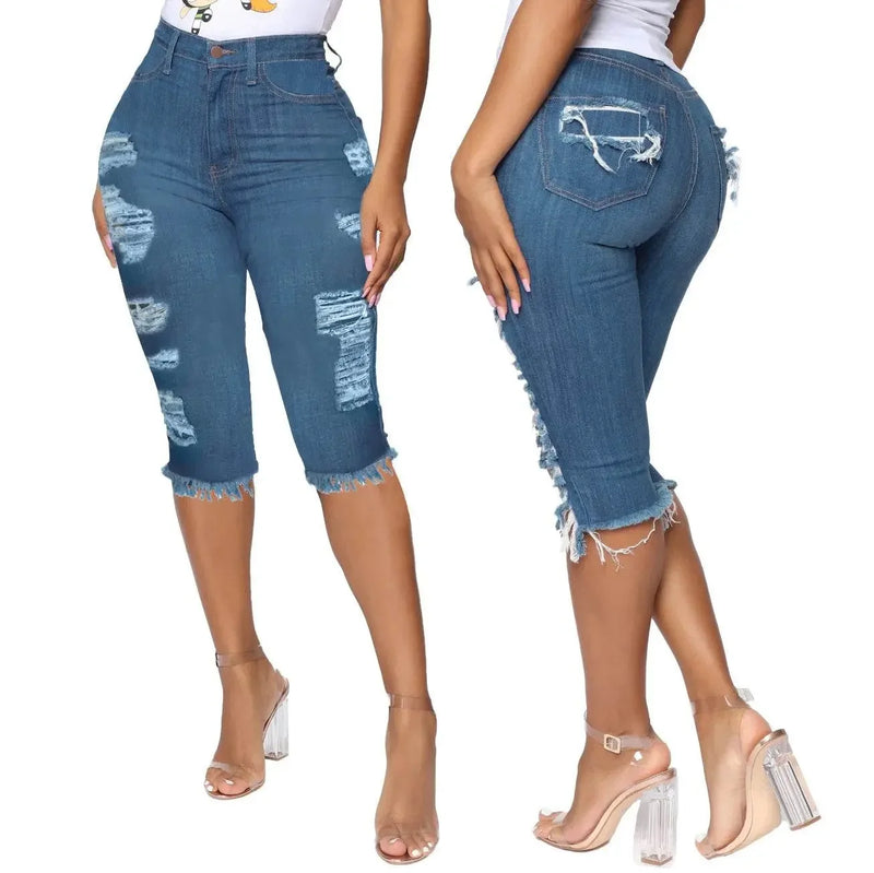 2 PCS Ripped High Waist Stretchy Knee Length Denim - IVORYNN