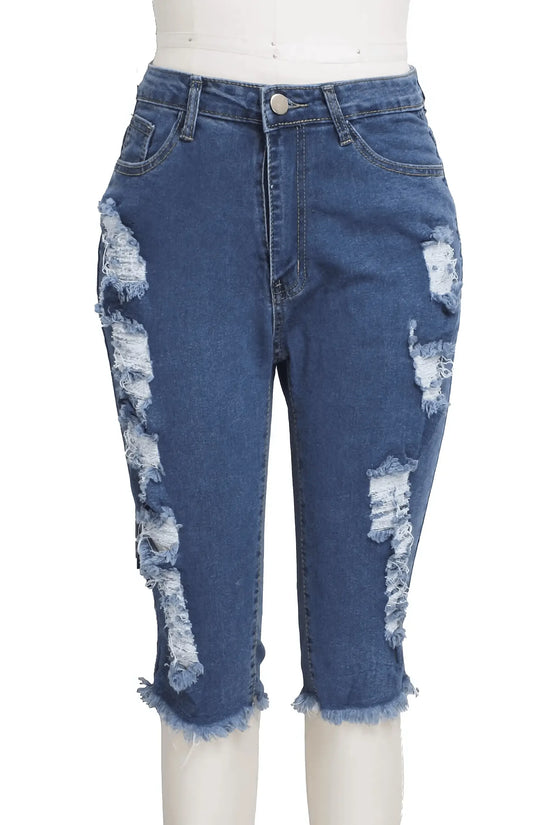 2 PCS Ripped High Waist Stretchy Knee Length Denim - IVORYNN