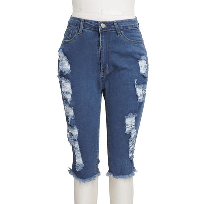 2 PCS Ripped High Waist Stretchy Knee Length Denim - IVORYNN