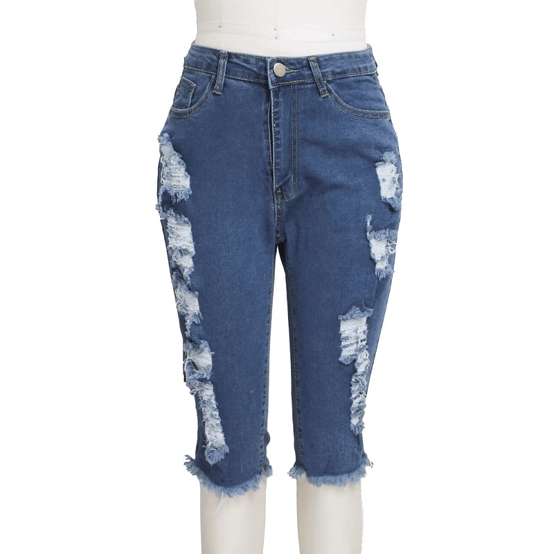 2 PCS Ripped High Waist Stretchy Knee Length Denim - IVORYNN