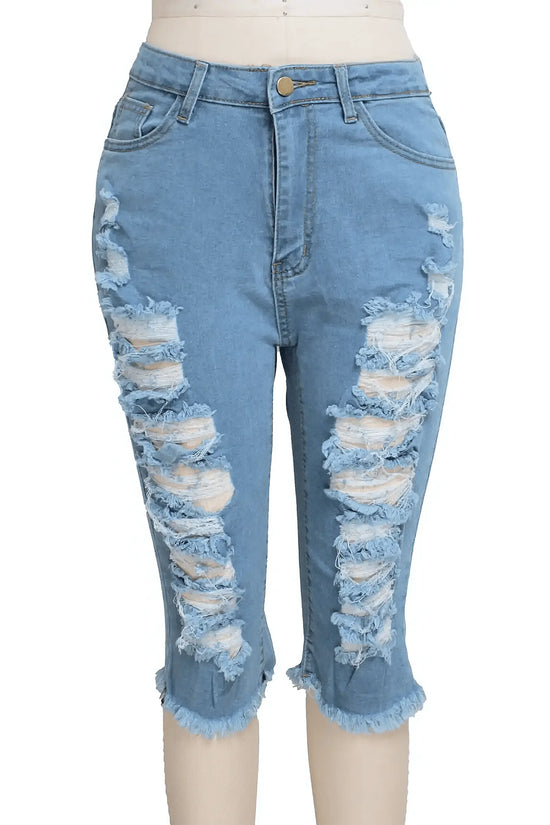 2 PCS Ripped High Waist Stretchy Knee Length Denim - IVORYNN