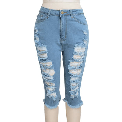 2 PCS Ripped High Waist Stretchy Knee Length Denim - IVORYNN