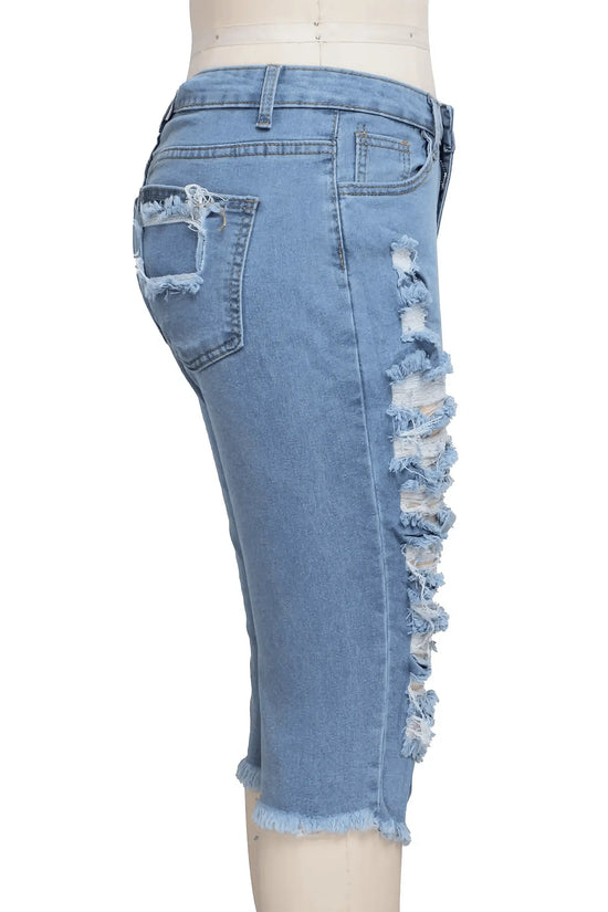 2 PCS Ripped High Waist Stretchy Knee Length Denim - IVORYNN